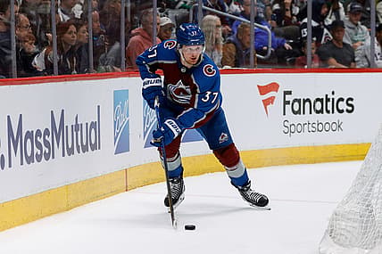 May 11, 2024; Denver, Colorado, USA; Colorado Avalanche center Casey Mittelstadt (37) controls the puck in the third period against the Dallas Stars in game three of the second round of the 2024 Stanley Cup Playoffs at Ball Arena. Mandatory Credit: Isaiah J. Downing-Imagn Images