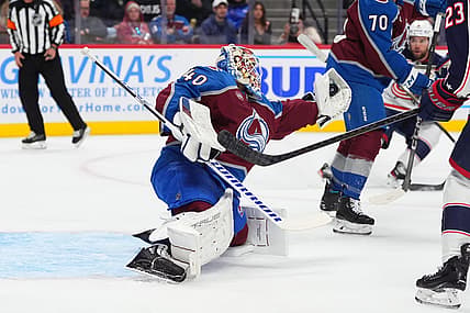 Oct 12, 2024; Denver, Colorado, USA; Colorado Avalanche goaltender Alexandar Georgiev (40) makes a save in the first period against the Columbus Blue Jackets at Ball Arena. Mandatory Credit: Ron Chenoy-Imagn Images